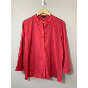 Eileen Fisher Petite Coral Linen Blend Mandarin Collar Button Front Shirt PL